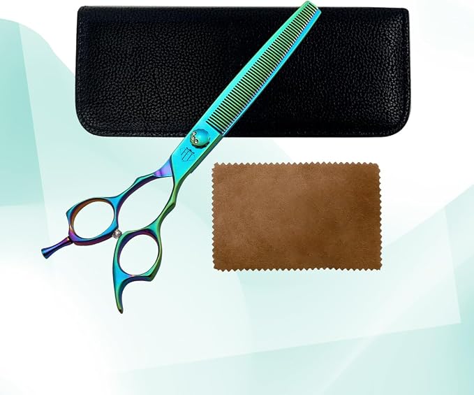 Dog Grooming Scissors: 7" Straight Pet Shears Skeletonized blade Made Of Japanese 440C for Trimming Dogs Cats and Other Pets Green (Thinning G, 7")
