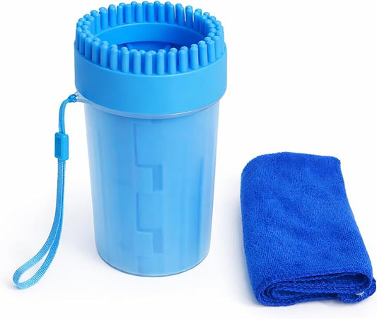 Dog Paw Cleaner Cup with Towel, Pet Paw Cleaner for Dogs & Cats, Portable Muddy Paw Washer with Soft Silicone Bristles, Deep Cleaning Paw Washer Cup (Blue)