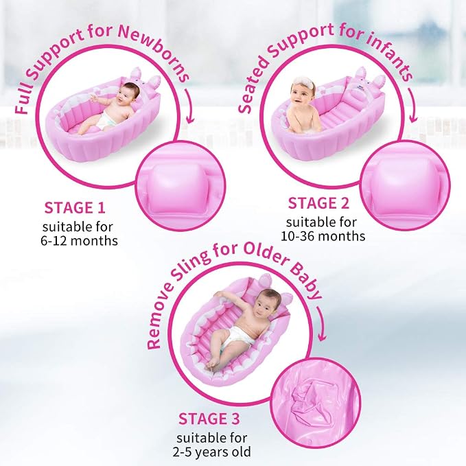 | Inflatable Baby Bathtub,Newborn Bathtub Seat for Infant,Non-Slip Baby Pool for Sitting up,Foldable Toddler Tub Shower,Portable Travel Bath for Kids 0-6 Year (Pink, Animal Print)