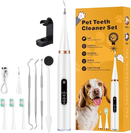 Dog Tartar Remover for Teeth, Dental Tools to Remove Plaque and Tartar, Pet Teeth Cleaning Kit with LED Light & USB, 5 Modes, IPX6 Waterproof, Silent Sonic for All Dogs and Cats, White