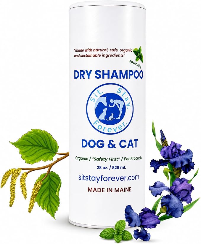 Sit Stay Forever Dry Shampoo for Dogs & Cats – Organic Dry Powder, Waterless No-Rinse, Lick-Safe, Talc-Free, Talco para Perros, Hypoallergenic Odor & Itch Relief, Safe for Puppies & Kittens, USA 28 oz