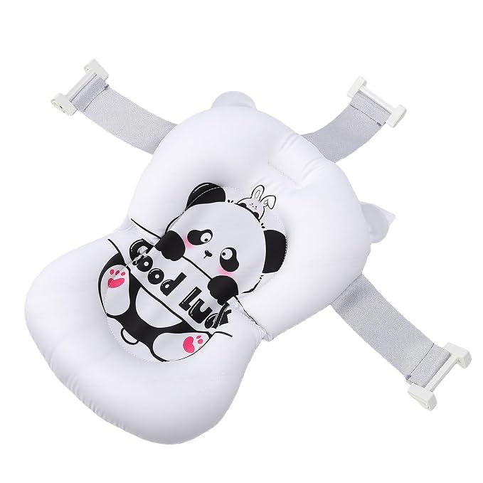 Dpofirs Baby Bath Cushion Pad Non Slip Foldable Infant Bathing Seat Support Mat with Wedge Pillow for Newborn Toddlers, Soft Cotton Bath Tub Mat for Head Neck Back Safety Buckle (Panda Pattern)