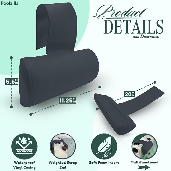Poolzilla Universal Black Spa Pillow, Made of Soft Foam for Outdoor Hot Tubs and Chaise lounges - Adjustable Headrest and Weighted that Fits Any Spa
