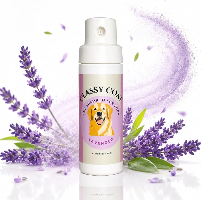 Dry Shampoo Powder & Coat Deodorizer for Dogs (Lavender) | Waterless No-Rinse Squeeze Bottle Formula | Calming Scent | Talc and Alcohol Free | Safe for Sensitive Skin | Made in USA