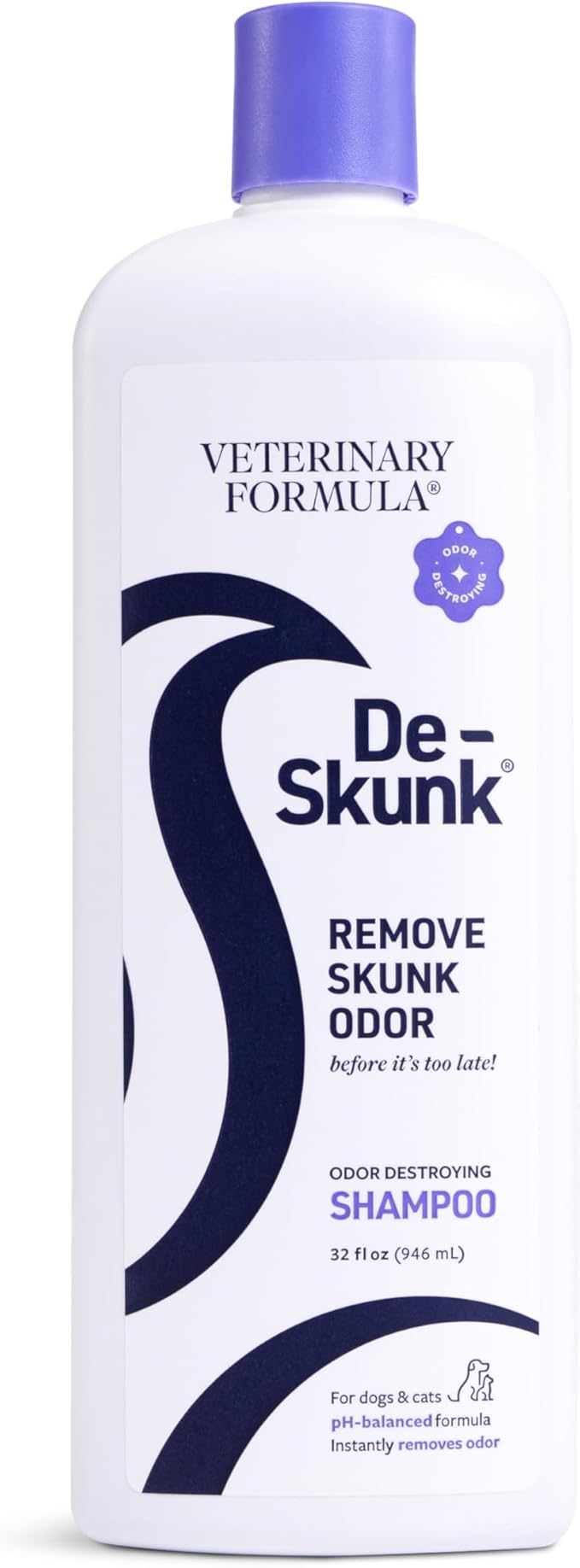 Veterinary Formula De-Skunk Odor Destroying Shampoo for Dogs, 32 oz – Professional Strength Pet Wash Removes Tough Smell from Furniture, Carpet & Clothes – Fast Acting De-Greaser Formula