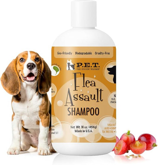 P.E.T. Flea Assault Pear Pomegranate Shampoo for Dogs & Cats — Deep-Cleansing & Deodorizing Formula — Soothes Skin, Hydrates & Adds Shine — Sulfate-Free, pH-Balanced, Hypoallergenic — 16 oz
