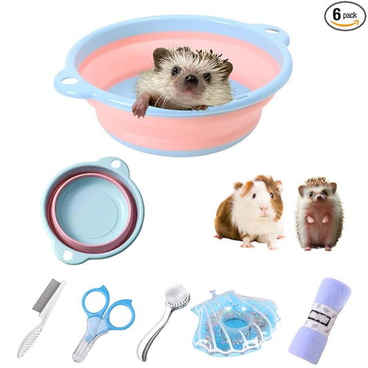 6 Pcs Hedgehog Bath Supplies Kit, Foldable Bathtub and Cleaning Brush with Pet Hair Comb, Pet Nail Clipper, Swimming Ring, Towel for Small Animal Hamster, Bunny, Guinea Pig, Lizards, Turtle