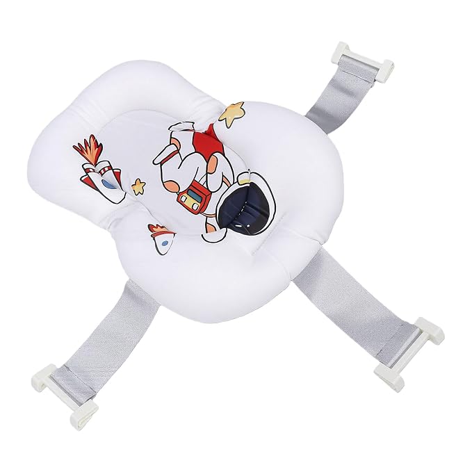 Fafeicy Baby Bath Cushion Pad Cotton Infant Bathing Seat Support Mat with 3 Buckles Wedge Design 28 X 6 X 38cm for Newborn Toddler Bathtub Bath Time (Astronaut Pattern)