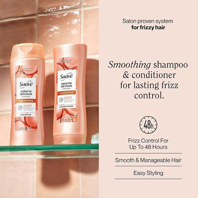 Suave Keratin Infusion Shampoo and Conditioner, Smoothing – Anti-Frizz Hair Products for Women & Men, 12.6 Oz Ea