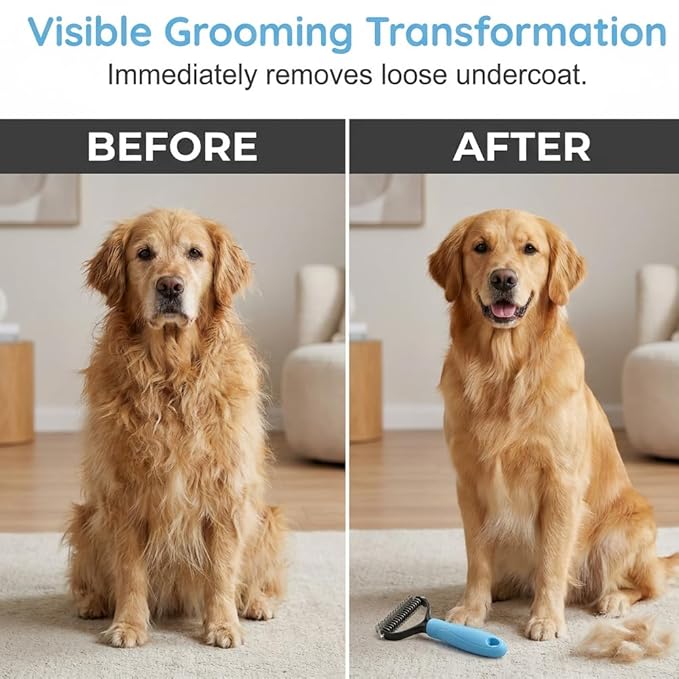 Pet Pro Grooming Tool, Dematting Comb for Dogs and Cats, Undercoat Rake Pet Brush for Long Hair, Deshedding Dog Brush Removes Tangles Knots and Loose Fur (Pink-L)