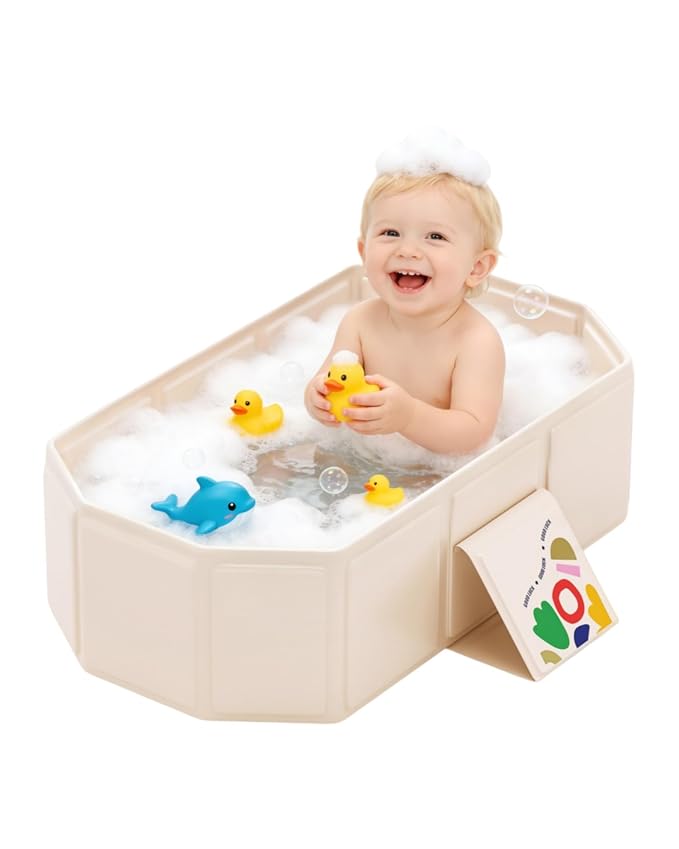 Foldable Kids Bathtub, Portable Baby Bathtub for Newborns to Toddlers, Collapsible Toddler Bath Tub for Shower & Travel, Infant Bath Tub with Non-Slip Base, Space Saving, White