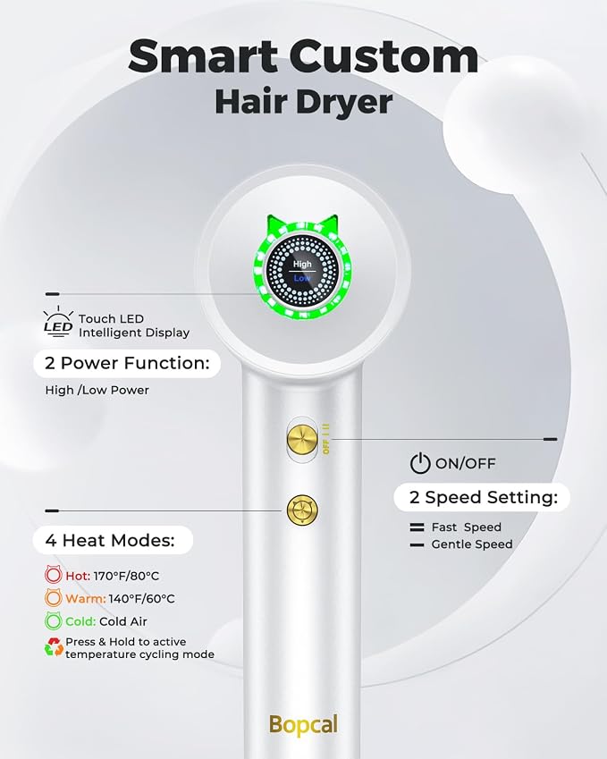 Bopcal Ionic Hair Dryer, 160000 RPM Brushless Motor, Smart Thermo-Control, Negative Ion Fast Drying, Quiet Lightweight Blow Dryer, Cold Air & 4 Heat Settings, for Home Travel Salon