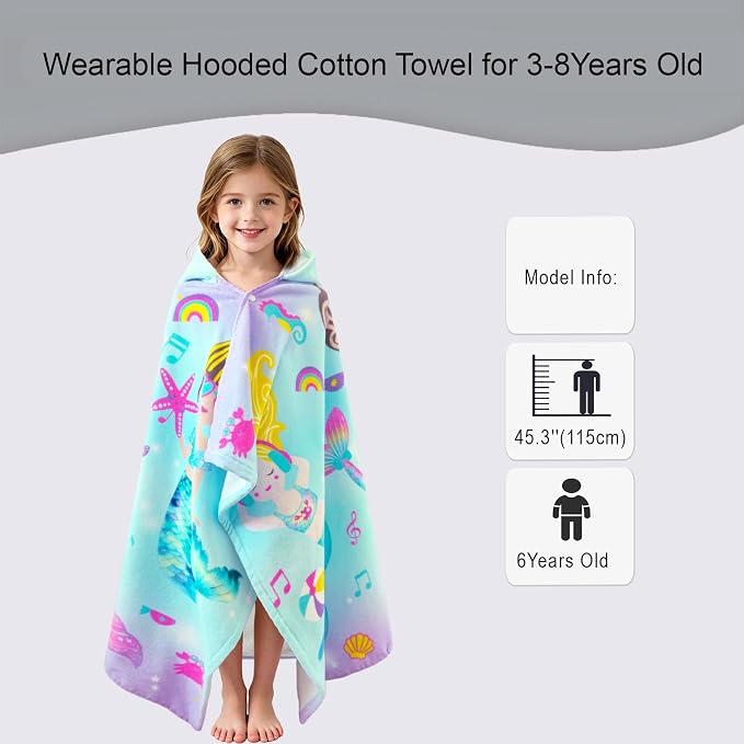 VOOVA & MOVAS Kids Hooded Beach Towel Age 3-8, 30''X50,Soft | Thick | Large | 100% Cotton,Absorbent Beach, Bath, Pool Towels Wrap for Girls, Sea Mermaid