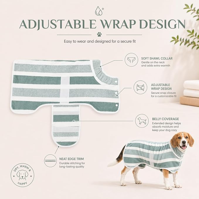 Dog Robe, Towels for Dogs After Bath, Dog Bathrobe for Drying Dogs, Fast Drying Super Absorbent Striped Dog Towel Wrap, Adjustable Warm Pet Bath Supplies (Grey, Small)