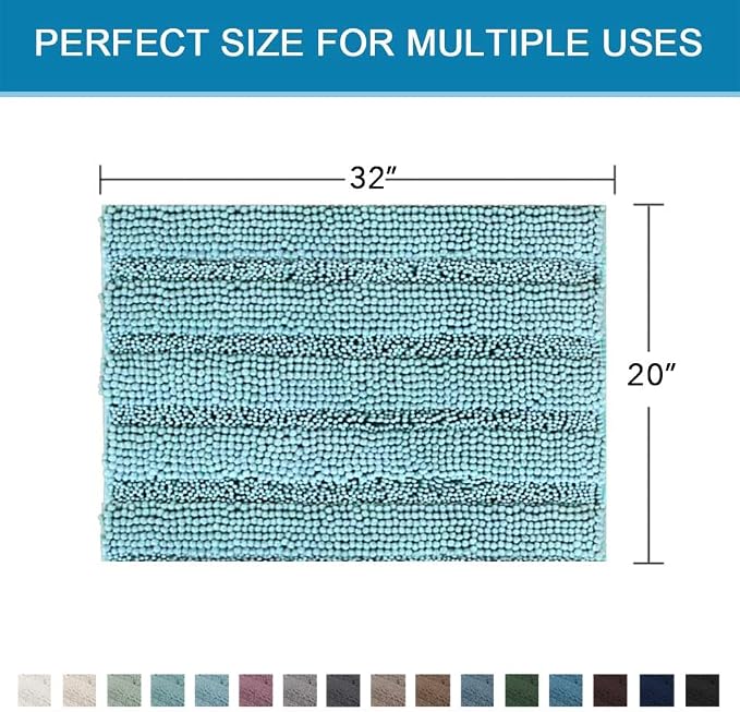 H.VERSAILTEX Bath Rugs for Bathroom Non Slip Bath Mats Extra Thick Chenille Striped Rug 20" x 32" Absorbent Non Skid Fluffy Soft Shaggy Washable Plush Mat for Indoor, Bath Room, Tub - Aqua Haze