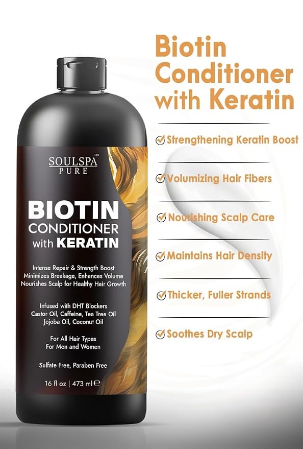 Biotin Conditioner with Keratin - Intense Repair & Strength Boost Formula - Nourishes Scalp for Healthy Hair Growth, with Tea Tree Oil & DHT Blockers, for Men & Women, 16 fl oz - SOULSPA PURE