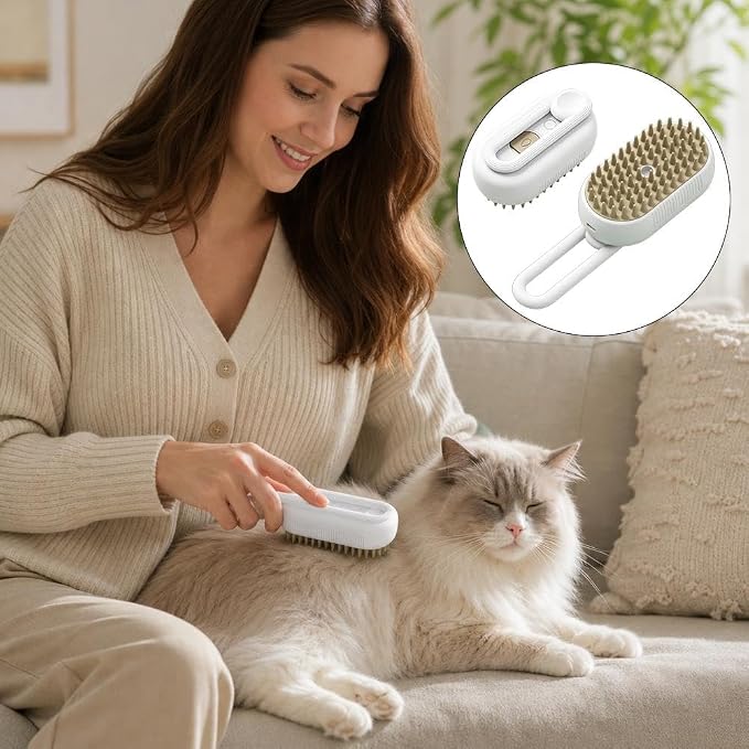 4 in 1 Rechargeable Dog & Cat Steam Brush, Portable Grooming Tool for Massage, Shedding, Grooming, Bathing, Anti-Static & Reduce Flying Fur, Suitable for Short & Long-haired Pets (white)