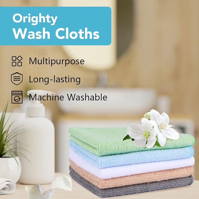 Orighty Washcloths, 5 Pack Microfiber Face Towels, Highly Absorbent and Soft Feel Wash Cloths & Hand Towels for Bathroom, Hotel, Spa, and Gym, 11.5x11.5 Inch, Multicolor