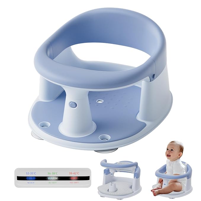 Baby Bath Seat for Babies 6 Months & Up - 360° Protection Baby Bath Chair with Temperature Alert & Cushion | Non-Slip Toddler Bathtub Seat | Newborn Infant Bath Tub Seats for Babies Sitting Up (Blue)