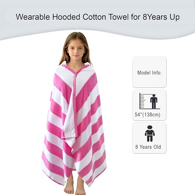 VOOVA & MOVAS Hooded Bath Towels for Teens/Big Kids (8Years Up) | Soft Absorbent 100% Cotton Thick Towel Wrap | Versatile Beach, Pool, Swim & Bath Cover-Up,Hot Pink White Stripe