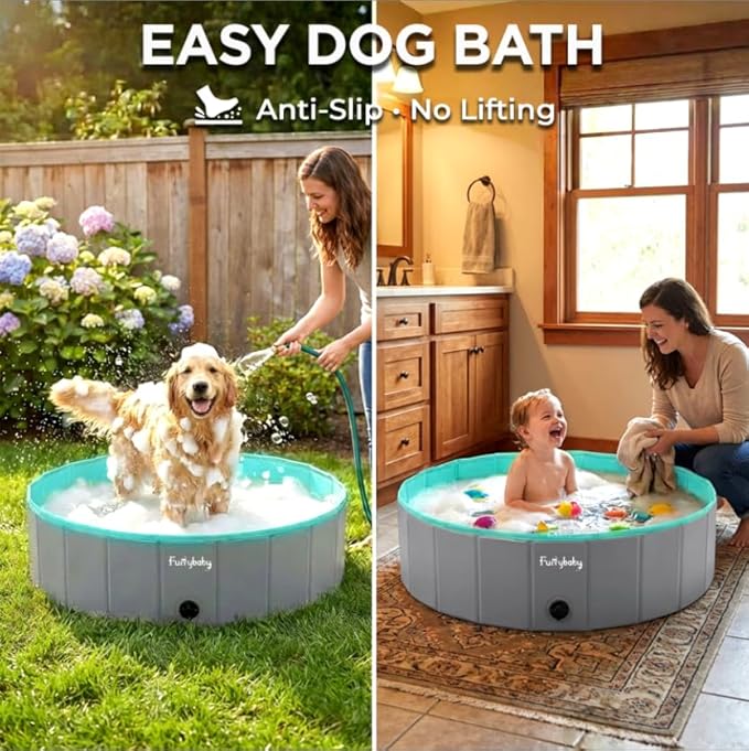 Furrybaby Dog Pool Foldable Dog Pools for Large Dogs with Hard Plate Collapsible Pet Bath Pool Kiddie Grey 63''