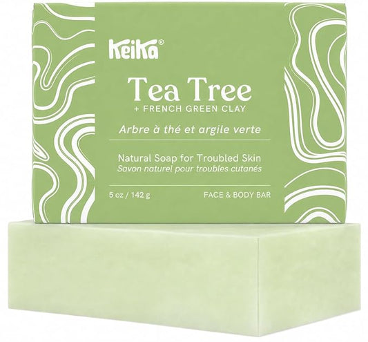 Keika Tea Tree Soap Bar with French Green Clay for Eczema, Psoriasis, Face, Body, Men Women Teens with Oily Skin, 5 oz.