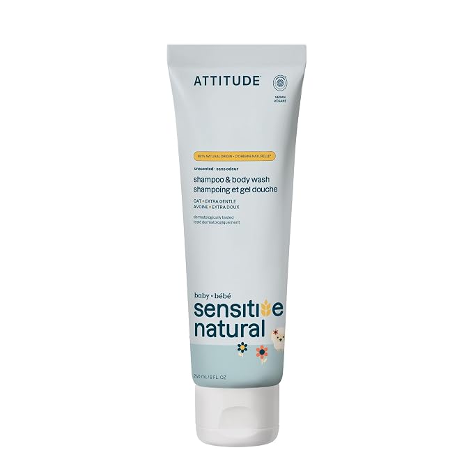 ATTITUDE Baby 2-in-1 Shampoo and Body Wash, EWG Verified, Extra Gentle, Enriched with Oatmeal, Dermatologically Tested, Vegan, Unscented, 8 Fl Oz
