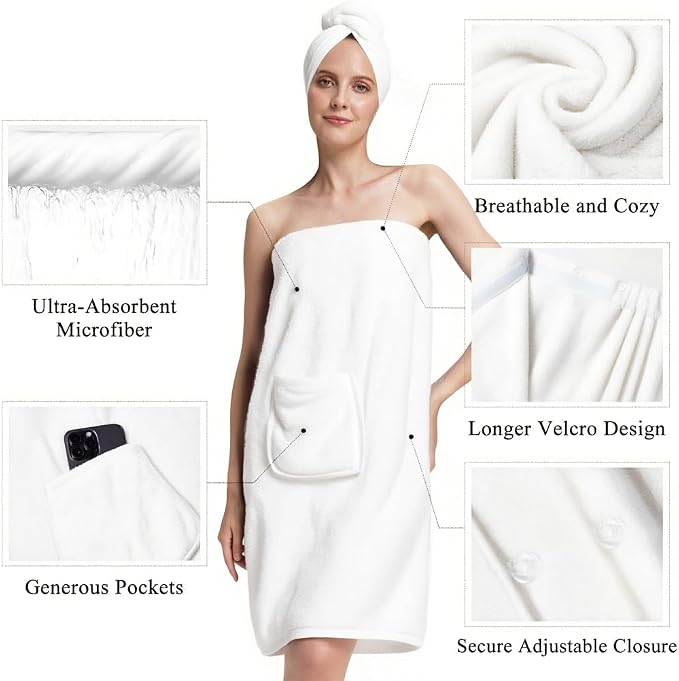 PJGGZ Towel Wrap for Women, Three Adjust Clasps Closure Bath Wraps After Shower Spa Sauna Bathrobe(Available in Plus Size)