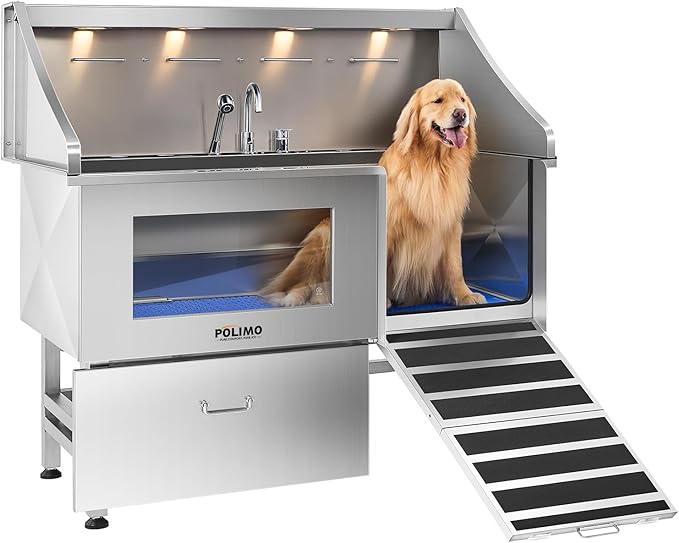 POLIMO Dog Washing Station with LED Display 61" (Right Ramp), 304 Stainless Steel Dog Bathtub for Large, Medium & Small Dogs, Professional Grooming Tub with Faucet, Storage Drawer, Floor Grate, Window