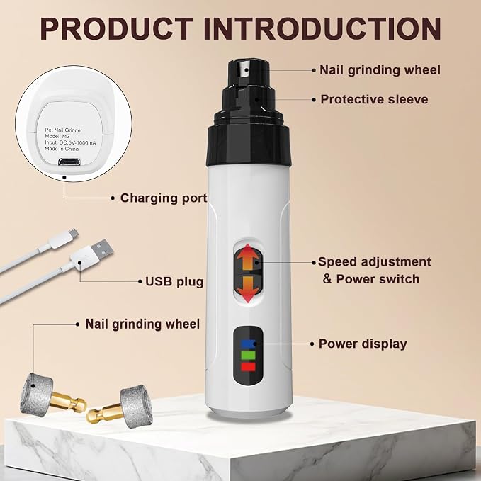 Upgraded Quiet Electric Dog Nail Grinder for Hard/Thick Pet Nails | Quiet and Low-Vibration Dog Nail Trimmers, 2-Speed, 3 Ports for Large Medium Small Pets, Safe & Stress Free Grooming Tool
