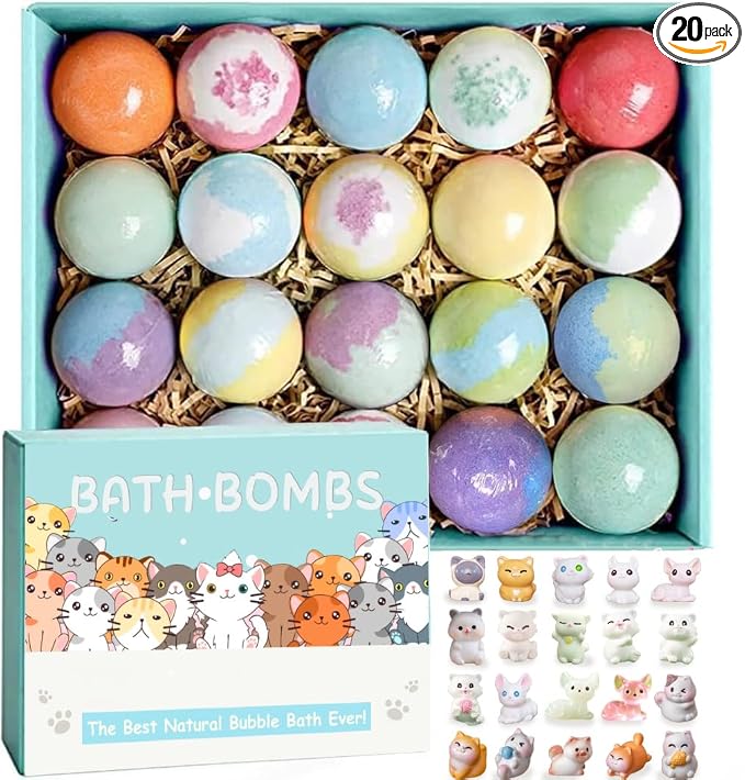 Kids Bath Bombs with Surprise Inside, 20 Pack Bring Dog and cat Toys Gift Set, Natural Organic Bubble Bath Foam Bath