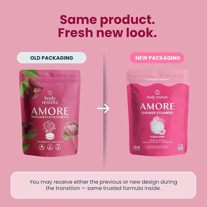 BodyRestore Shower Steamers Aromatherapy, Gifts for Women, Amore 15 Pack | Birthday Gifts for Women, Spa Stress Relief & Relaxation, Romantic Gift for Her,Rose Essential Oil Tablets