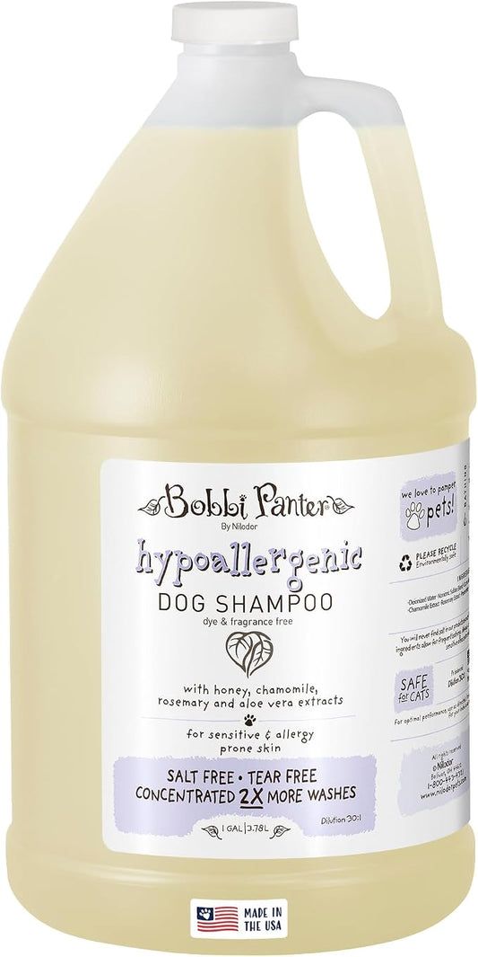 Bobbi Panter Hypoallergenic Dog Shampoo Honey, Aloe Vera, Chamomile & Rosemary – Dye & Fragrance Free Natural Formula for Sensitive & Allergy Skin, Tear-Free, 30:1 Concentrate, Made in USA, 1 Gallon