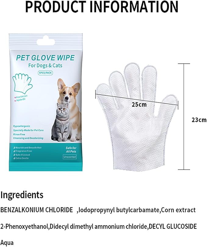 AQUASAFE Pet Glove Wipes - No-Rinse Dog Grooming Wipes & Cat Bath Gloves | Unscented Hypoallergenic Dog Wipes, [12] Ct