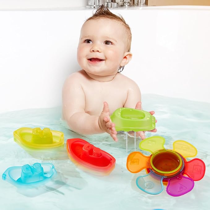 AMCHSURI 11 Pack Mold Free Bath Toys, Open Seamless Quick Dry Design, Stackable Scoops & Floating Boats, Water Play Toys for 12 18 Months & 1-3 Years Old Toddlers, Bathtub Pool Water Table Toys