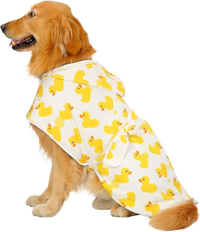 HDE Dog Bathrobe Super Absorbent Quick Drying Puppy Towel Wrap Coat Adjustable After Bath Robes with Hood for Dog Sizes S-XXL White Rubber Ducks XL