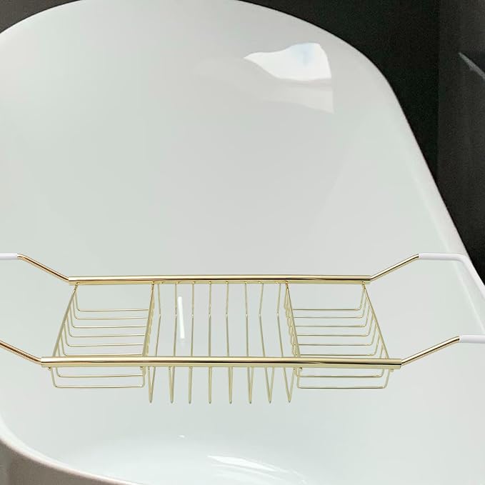Sewroro Stainless Steel Bathtub Tray Telescopic Bath Rack Storage Organizer Over Tub Tray for Home Bathing Phone Holder (Golden)