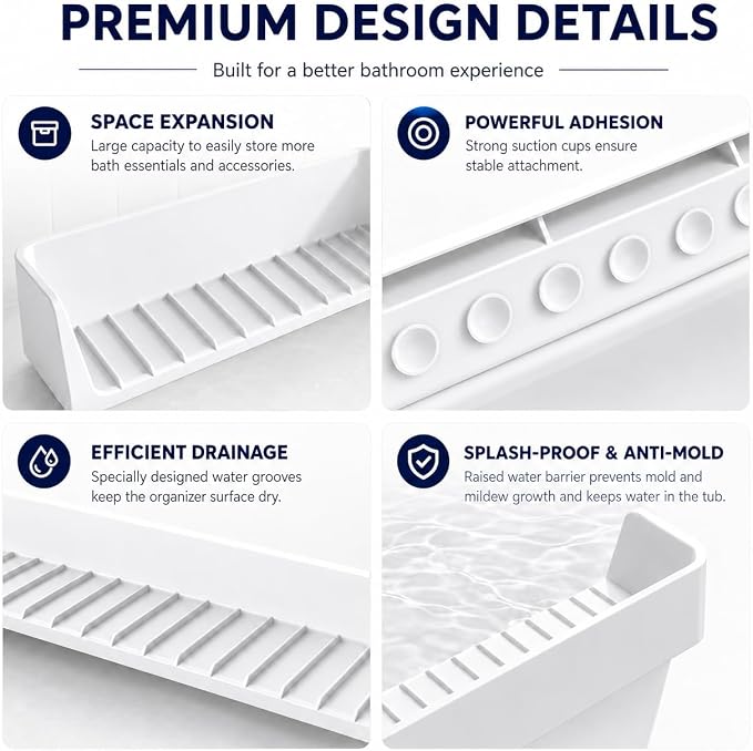 Bathtub Splash Guard for Tub Kids, Silicone Bath Toy Holder & Tub Side Tray with Suction Cups, Bath Tub Shelf for Kids, Bathtub Toy Storage, Blue