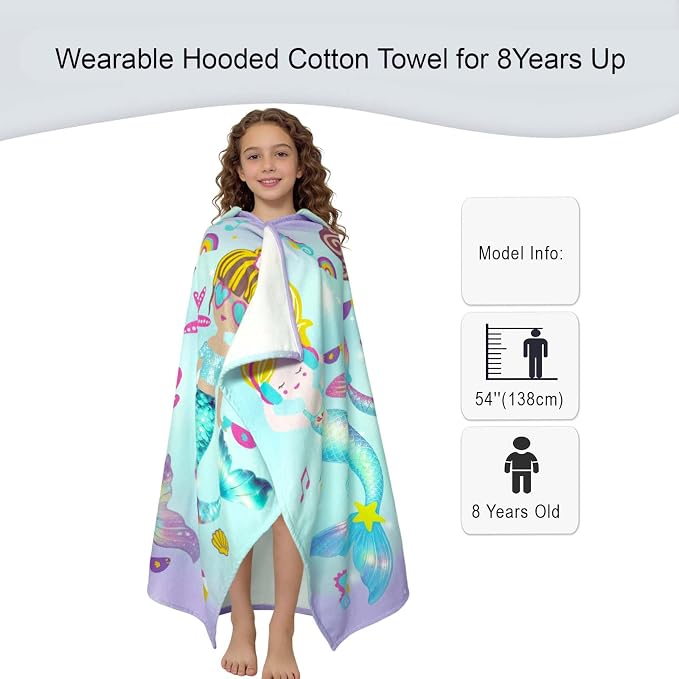 VOOVA & MOVAS Mermaid Hooded Beach Towel for Teens & Big Kids 8Years Up, Soft Absorbent 100% Cotton Thick Towel Wrap for Girls, Beach Pool Swim Bath Cover-Up