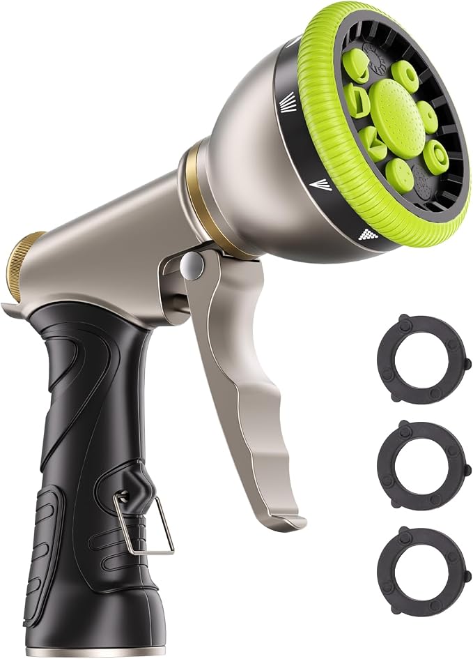 Besiter Garden Nozzle Sprayer, High Pressure Metal Water Hose Sprayer with 9 Watering Patterns, Heavy Duty Sprayer for Washing Cars, Watering Plants, Cleaning Yard & Showering Pets (Green)