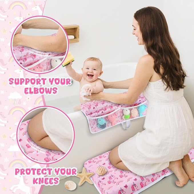 Baby Bath Kneeler and Elbow Rest Pad Set,1.5" Thick Baby Bath Kneeler Pads with Toys Organizer, Pads to Support The Arm, Essentials, Ideal Kneeling Pad for Bathing（Pink）