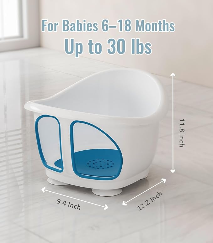 Baby Bath Seat for Babies 6-12 Months, Bath Tub for Baby with Non-Slip Suction Cups, Infant Bath Chair for Newborn, Quick-Dry Mesh (Blue & White)
