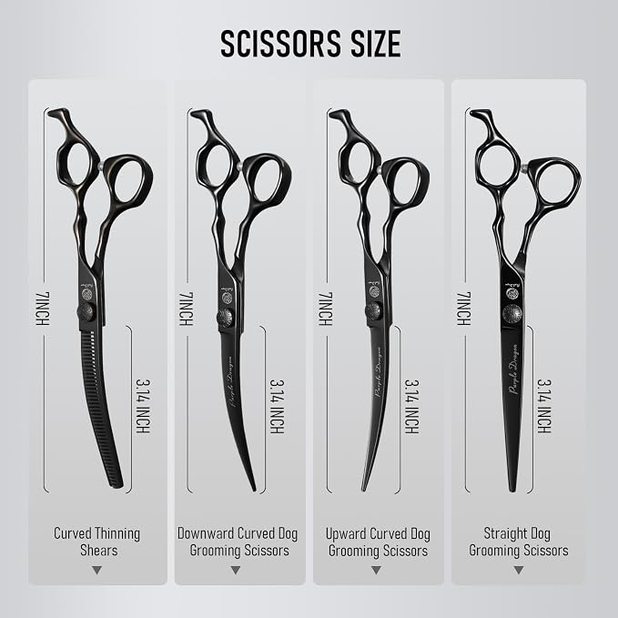 Purple Dragon Dog Grooming Scissors Set - Curved Thinning, Straight, Up & Down Curved Scissors and Comb, 7 Inch Black Shears with Adjustable Screw for Dogs and Cats