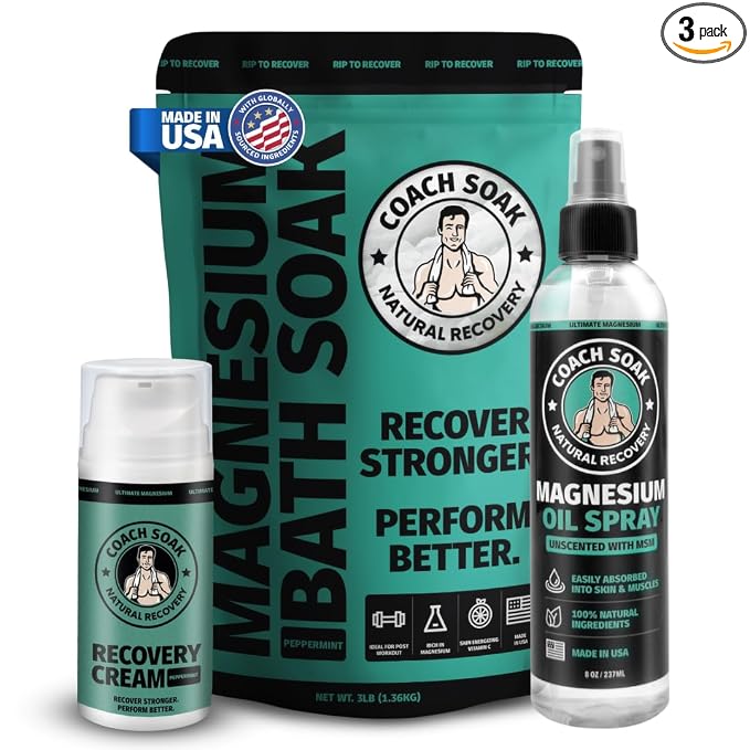 Coach Soak Magnesium Bath Soak Bundle - Bath Flakes with Peppermint & Vitamin C, Oil Spray & Cooling Lotion with MSM - (3 Pack) - Cooling Peppermint