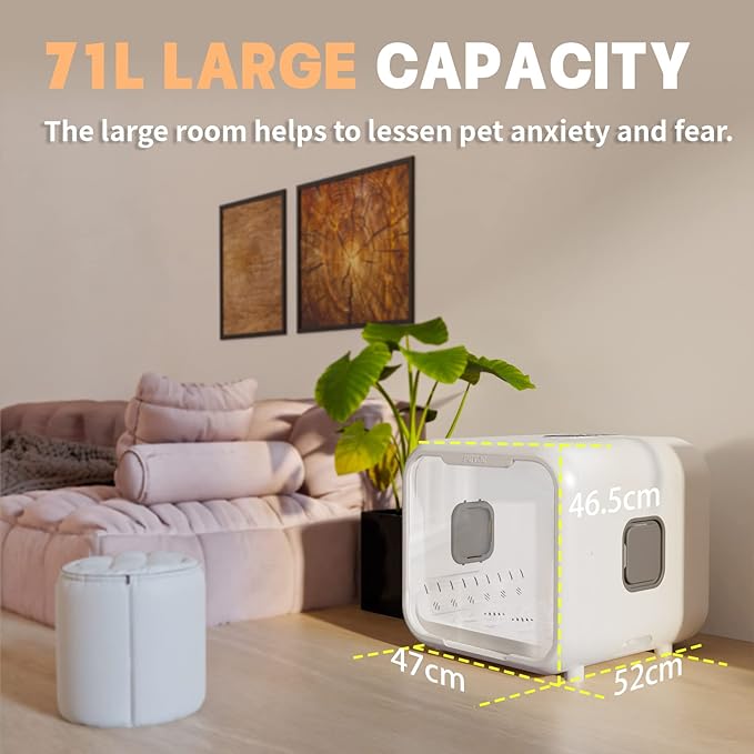 Automatic Pet Dryer Box for Cats and Small Dogs,Ultra Quiet Dog Hair Dryer 71L Capacity with Smart Temperature Control and 360 Drying(White-Standard)