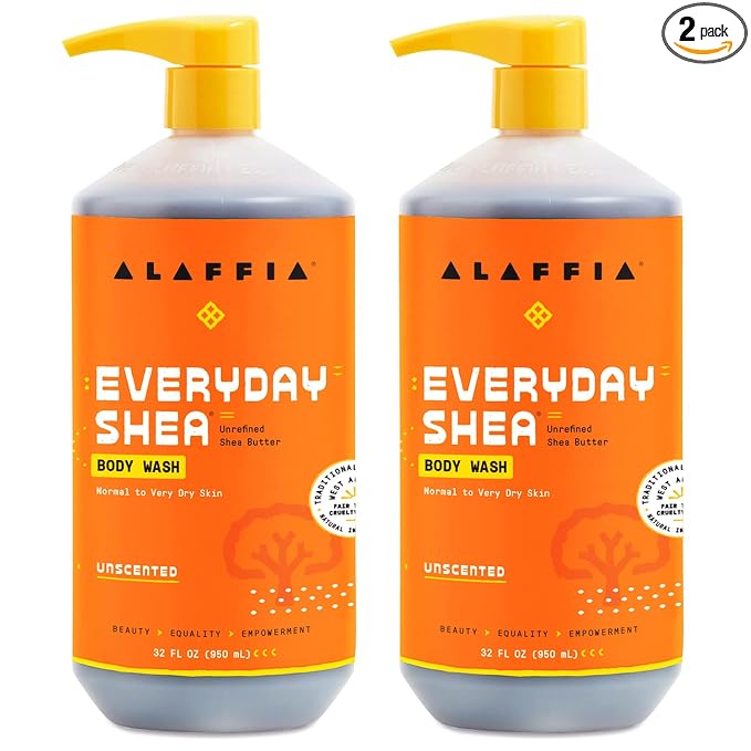 Alaffia Body Wash, Everyday Shea, Unscented 2-Pack – Gentle Skin Cleanser, Shower Gel for Normal to Very Dry Skin, 32 Oz Ea