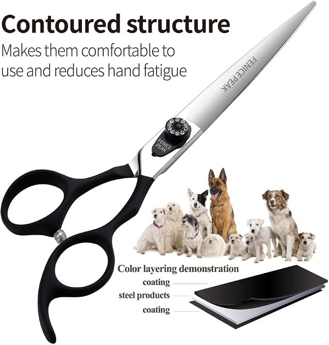 7.0'' Dog Straight Scissors For Grooming Pet Hair Cutting Shears 440C Stainless Steel Black Non-Slip Handle Sharp Blades Professional Pet Trimming Scissors for Cats