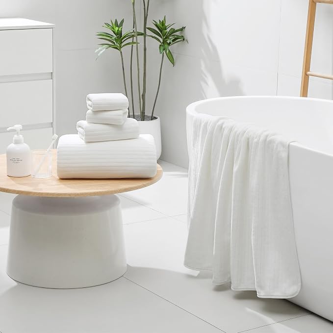 YTYC 39x78 Bath Sheets Extra Large Bath Towels Set for Adults Super Soft Absorbent Striped Microfiber Oversized Bathroom Towels - White, 6 PCS
