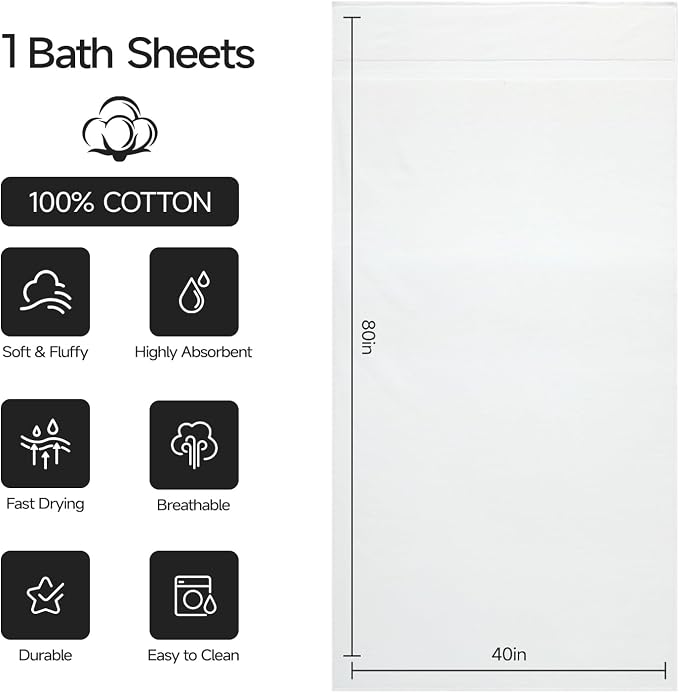 REDKISS Jumbo Bath Sheet 1 Piece, 40x80 Inches 100% Cotton Extra Large Bath Towel for Bathroom, White