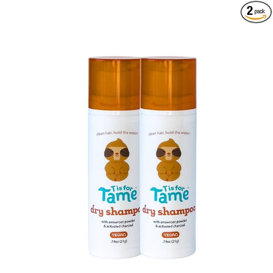 T is for Tame - Powder Puff Dry Shampoo for Babies & Kids – Gentle Hair Formula with Arrowroot Powder & Activated Charcoal, Mess-Free Application, Made in USA - 0.74 oz (2 Pack)